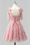 Light Blue A-Line Bowed Straps Floral Beaded Homecoming Dress with Lace Up Back