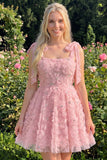 Light Blue A-Line Bowed Straps Floral Beaded Homecoming Dress with Lace Up Back