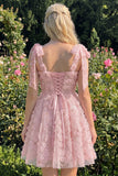 Light Blue A-Line Bowed Straps Floral Beaded Homecoming Dress with Lace Up Back