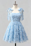 Light Blue A-Line Bowed Straps Floral Beaded Homecoming Dress with Lace Up Back