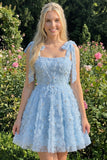 Light Blue A-Line Bowed Straps Floral Beaded Homecoming Dress with Lace Up Back