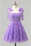 Light Blue A-Line Bowed Straps Floral Beaded Homecoming Dress with Lace Up Back