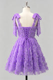 Light Blue A-Line Bowed Straps Floral Beaded Homecoming Dress with Lace Up Back