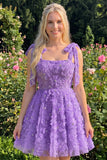 Light Blue A-Line Bowed Straps Floral Beaded Homecoming Dress with Lace Up Back