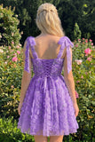 Light Blue A-Line Bowed Straps Floral Beaded Homecoming Dress with Lace Up Back