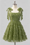 Light Blue A-Line Bowed Straps Floral Beaded Homecoming Dress with Lace Up Back