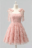 Light Blue A-Line Bowed Straps Floral Beaded Homecoming Dress with Lace Up Back