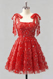 Light Blue A-Line Bowed Straps Floral Beaded Homecoming Dress with Lace Up Back