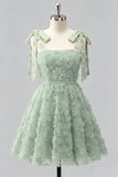 Light Blue A-Line Bowed Straps Floral Beaded Homecoming Dress with Lace Up Back