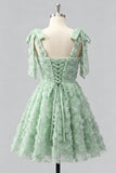 Light Blue A-Line Bowed Straps Floral Beaded Homecoming Dress with Lace Up Back