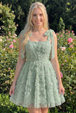 Light Blue A-Line Bowed Straps Floral Beaded Homecoming Dress with Lace Up Back
