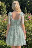 Light Blue A-Line Bowed Straps Floral Beaded Homecoming Dress with Lace Up Back