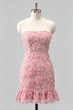 Light Blue Bodycon Strapless Ruffled Floral Beaded Homecoming Dress with Lace Up Back