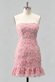 Light Blue Bodycon Strapless Ruffled Floral Beaded Homecoming Dress with Lace Up Back