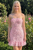 Light Blue Bodycon Strapless Ruffled Floral Beaded Homecoming Dress with Lace Up Back