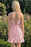 Light Blue Bodycon Strapless Ruffled Floral Beaded Homecoming Dress with Lace Up Back