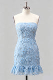 Light Blue Bodycon Strapless Ruffled Floral Beaded Homecoming Dress with Lace Up Back