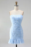 Light Blue Beaded 3D Floral Strapless Ruffle Hem Homecoming Dress