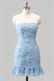 Light Blue Bodycon Strapless Ruffled Floral Beaded Homecoming Dress with Lace Up Back