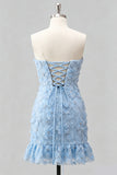 Light Blue Bodycon Strapless Ruffled Floral Beaded Homecoming Dress with Lace Up Back