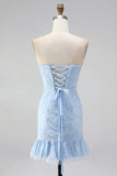 Light Blue Beaded 3D Floral Strapless Ruffle Hem Homecoming Dress