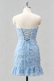 Light Blue Bodycon Strapless Ruffled Floral Beaded Homecoming Dress with Lace Up Back