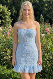 Light Blue Bodycon Strapless Ruffled Floral Beaded Homecoming Dress with Lace Up Back