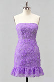 Light Blue Bodycon Strapless Ruffled Floral Beaded Homecoming Dress with Lace Up Back