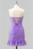 Light Blue Bodycon Strapless Ruffled Floral Beaded Homecoming Dress with Lace Up Back