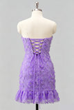 Light Blue Bodycon Strapless Ruffled Floral Beaded Homecoming Dress with Lace Up Back