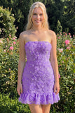 Light Blue Bodycon Strapless Ruffled Floral Beaded Homecoming Dress with Lace Up Back