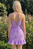 Light Blue Bodycon Strapless Ruffled Floral Beaded Homecoming Dress with Lace Up Back