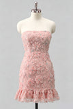 Light Blue Bodycon Strapless Ruffled Floral Beaded Homecoming Dress with Lace Up Back