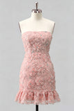 Light Blue Bodycon Strapless Ruffled Floral Beaded Homecoming Dress with Lace Up Back