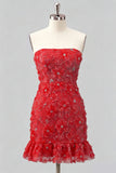 Light Blue Bodycon Strapless Ruffled Floral Beaded Homecoming Dress with Lace Up Back