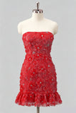 Light Blue Bodycon Strapless Ruffled Floral Beaded Homecoming Dress with Lace Up Back