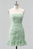 Light Blue Bodycon Strapless Ruffled Floral Beaded Homecoming Dress with Lace Up Back