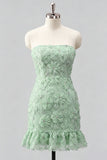 Light Blue Bodycon Strapless Ruffled Floral Beaded Homecoming Dress with Lace Up Back