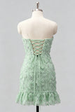 Light Blue Bodycon Strapless Ruffled Floral Beaded Homecoming Dress with Lace Up Back
