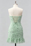 Light Blue Bodycon Strapless Ruffled Floral Beaded Homecoming Dress with Lace Up Back