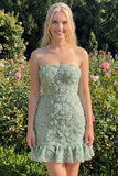Light Blue Bodycon Strapless Ruffled Floral Beaded Homecoming Dress with Lace Up Back