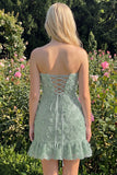 Light Blue Bodycon Strapless Ruffled Floral Beaded Homecoming Dress with Lace Up Back