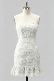 Light Blue Bodycon Strapless Ruffled Floral Beaded Homecoming Dress with Lace Up Back