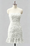 Light Blue Bodycon Strapless Ruffled Floral Beaded Homecoming Dress with Lace Up Back