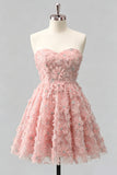 Dusty Rose Sweetheart A-Line Floral Beaded Homecoming Dress with Lace Up Back