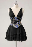A-Line Pink Floral V-Neck Tiered Sequins Homecoming Dress with Lace Up Back