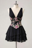 A-Line Pink Floral V-Neck Tiered Sequins Homecoming Dress with Lace Up Back