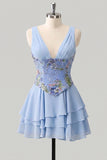 A-Line Pink Floral V-Neck Tiered Sequins Homecoming Dress with Lace Up Back