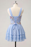 A-Line Pink Floral V-Neck Tiered Sequins Homecoming Dress with Lace Up Back