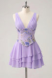 A-Line Pink Floral V-Neck Tiered Sequins Homecoming Dress with Lace Up Back
